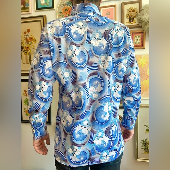 70s DEADSTOCK Psychedelic Op Art Dagger Collar Shirt - Picture 3 of 9